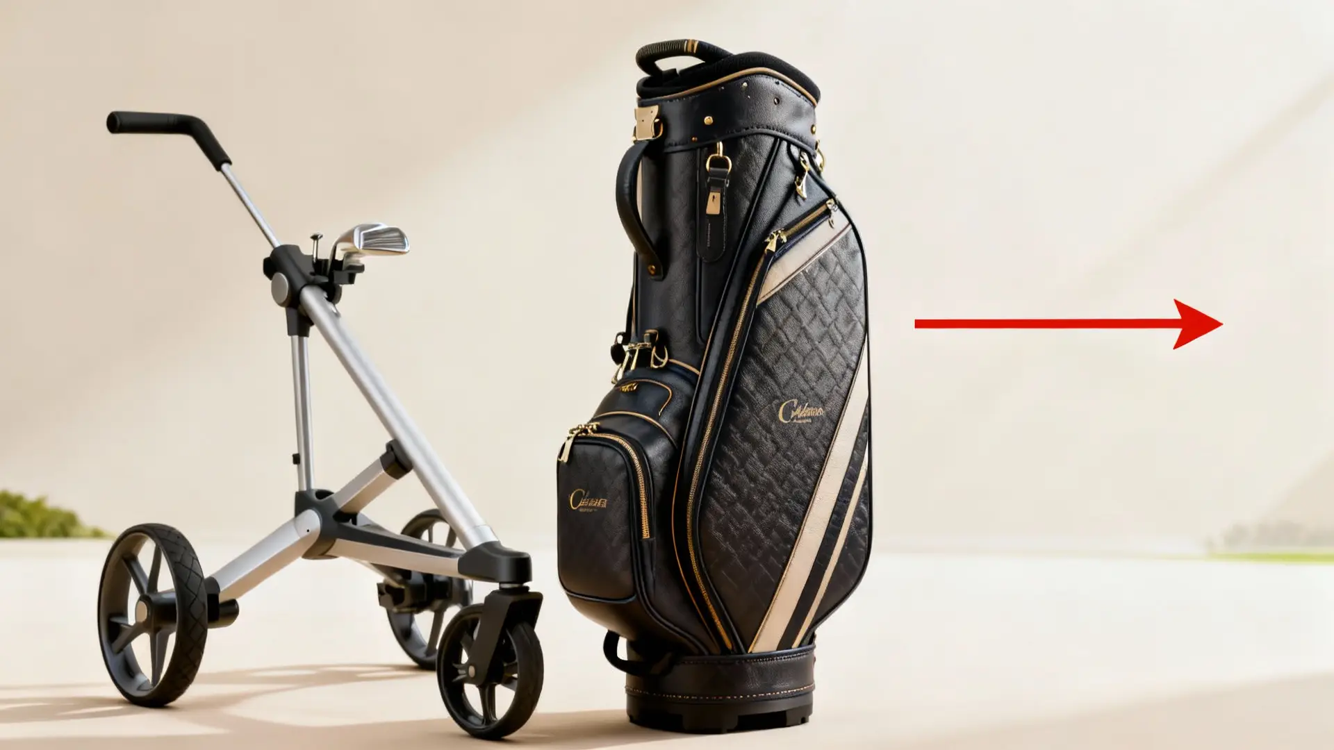 Sac de golf premium mis en avant, flèche rouge, avec chariot de golf élégant en arrière-plan