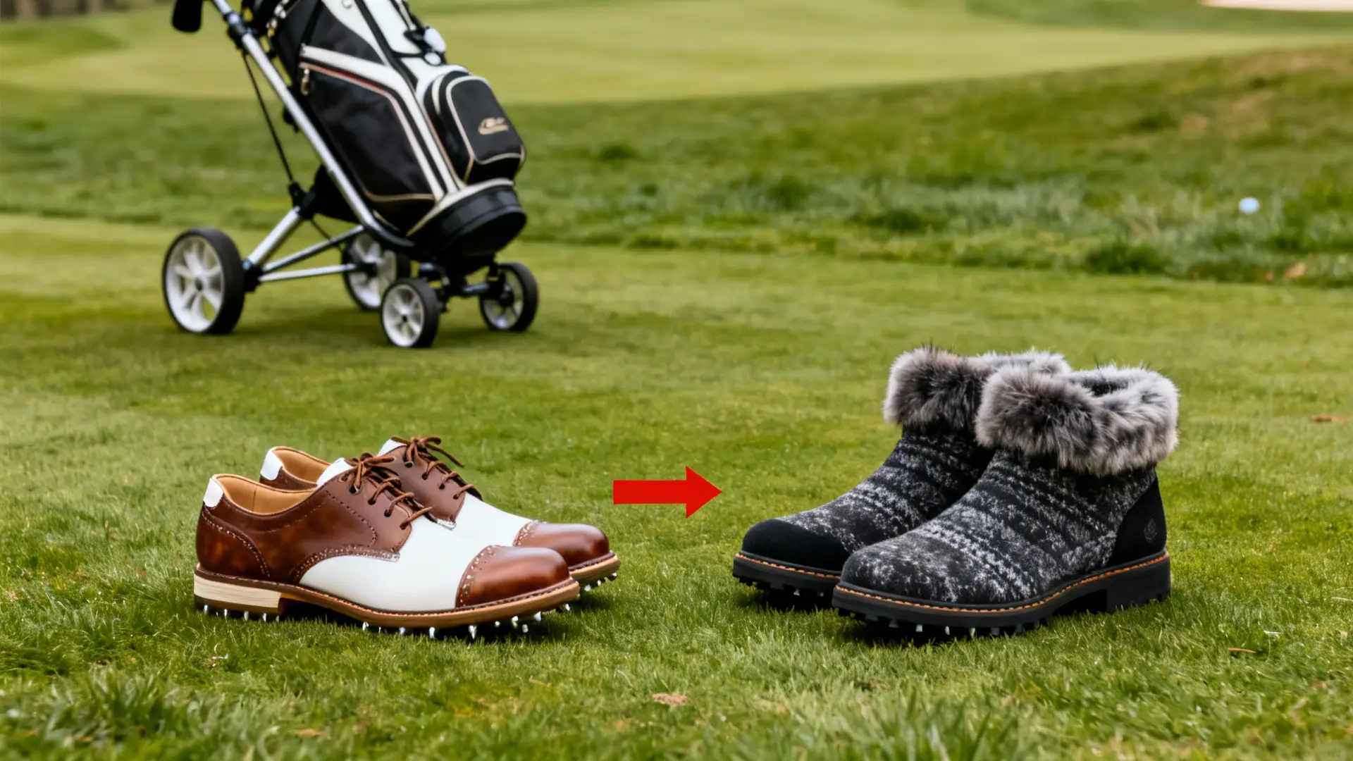 Deux paires de chaussures golf, été et hiver, comparées avec chariot de golf à l’arrière-plan