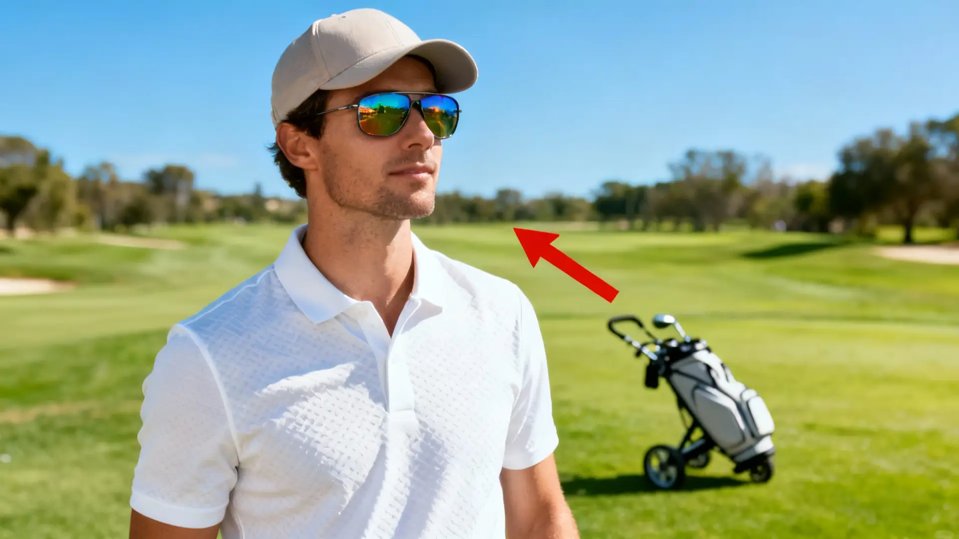 Golfeur élégant sous le soleil, portant des vêtements légers, chariot en arrière-plan