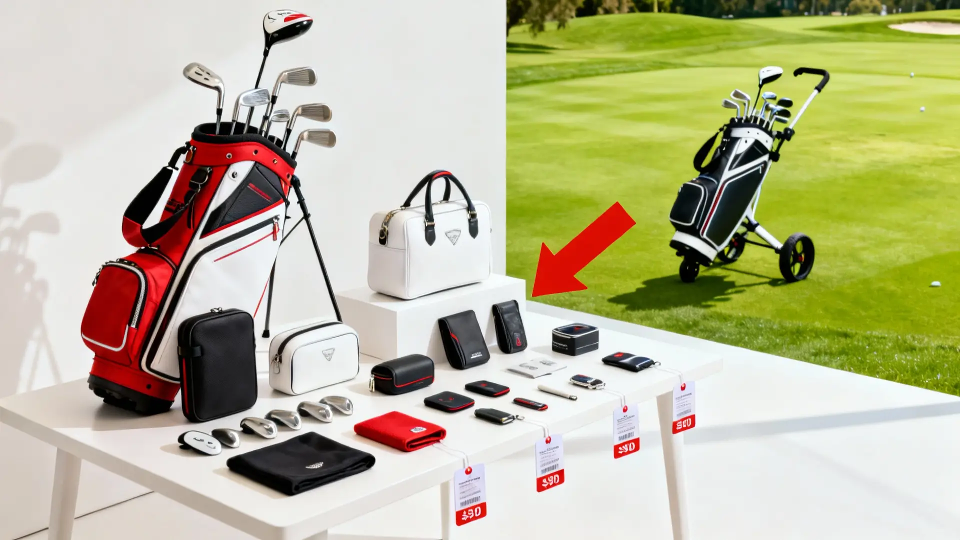 Équipement de golf réaliste avec flèches rouges, chariot en arrière-plan sur terrain vert