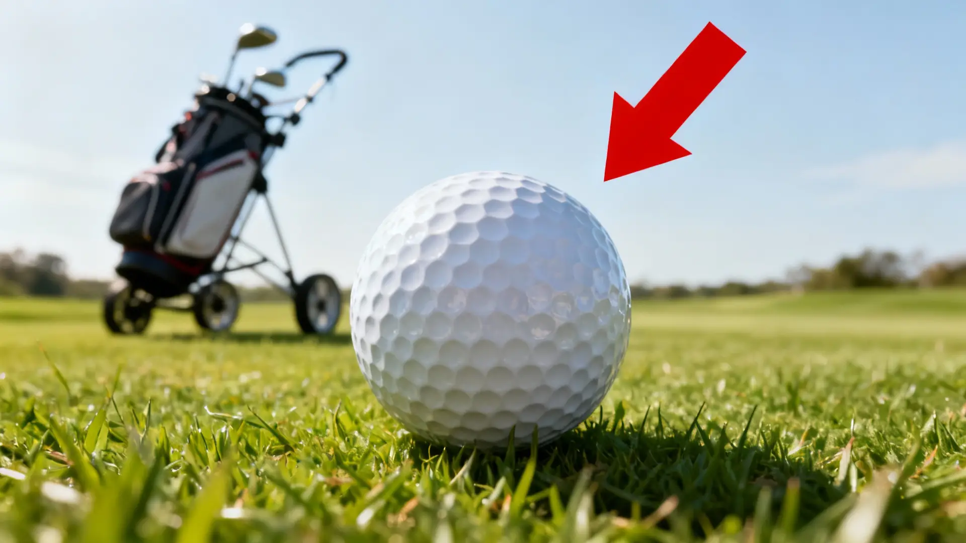 Gros plan sur une balle de golf officielle, flèche rouge et chariot de golf en arrière-plan