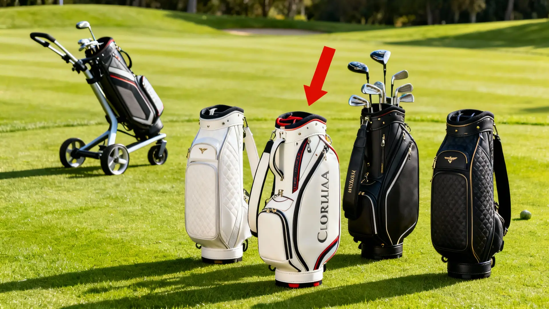 Différents sacs de golf élégants avec chariot en arrière-plan sur un green lumineux