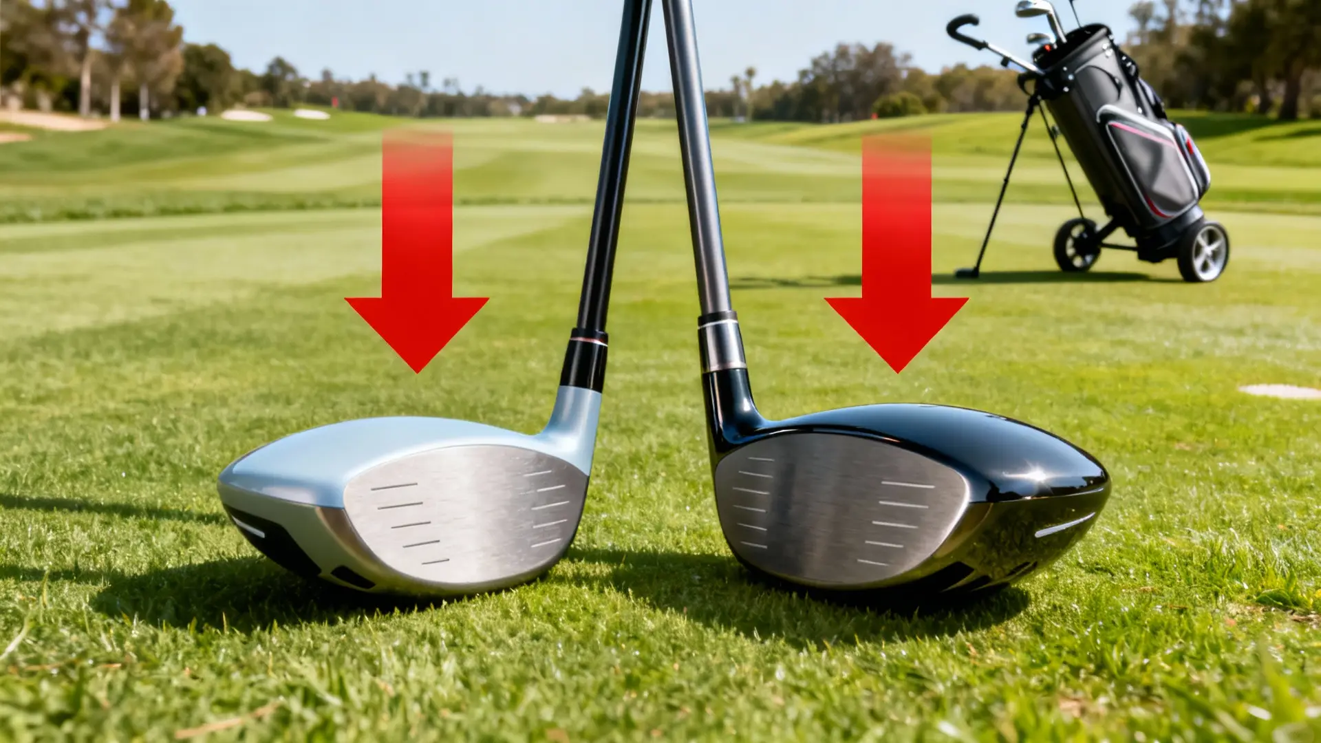 Comparaison réaliste entre deux drivers de golf avec chariot en fond sur un parcours lumineux
