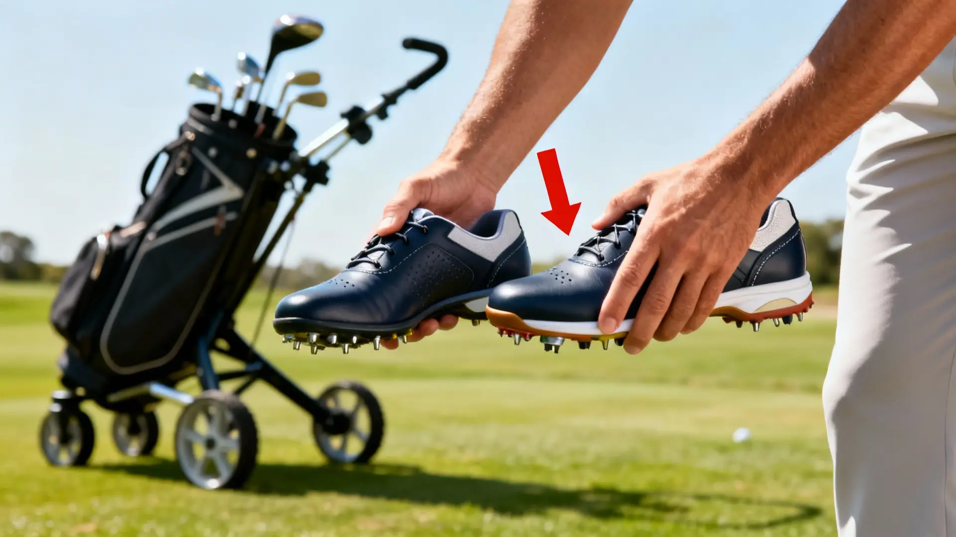 Golf shoes de différentes tailles avec flèche rouge et chariot de golf en arrière-plan