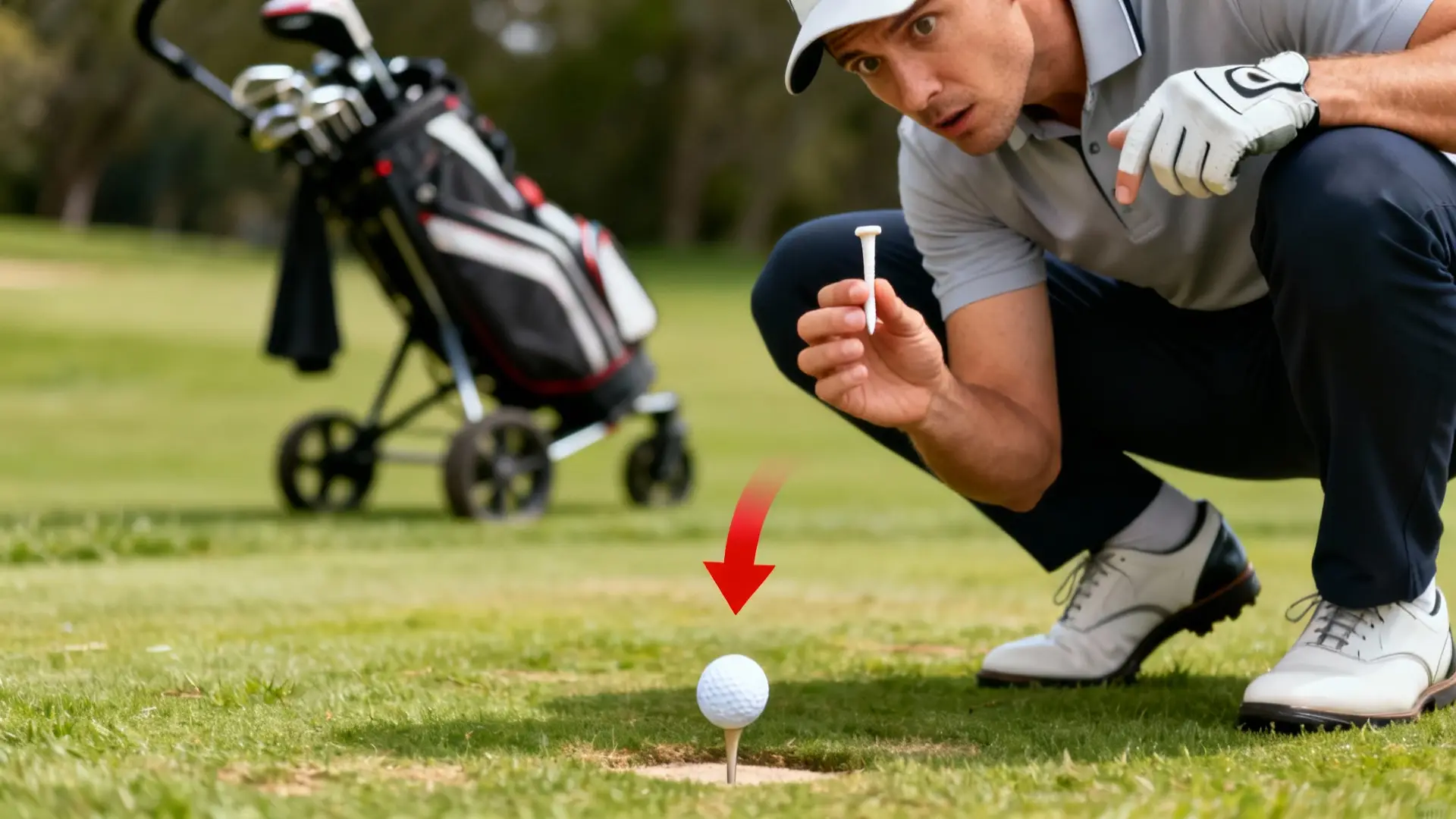 Golfeur montrant un tee de golf avec chariot flouté en arrière-plan