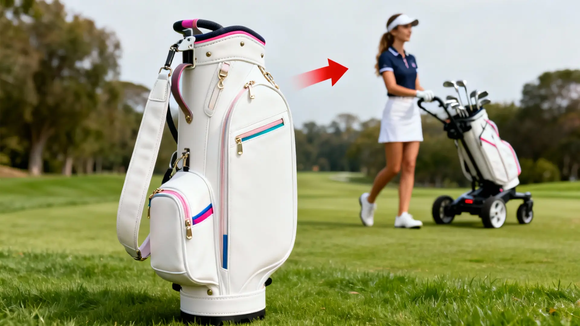 Sac de golf féminin mis en valeur avec golfeuse et chariot floutés derrière