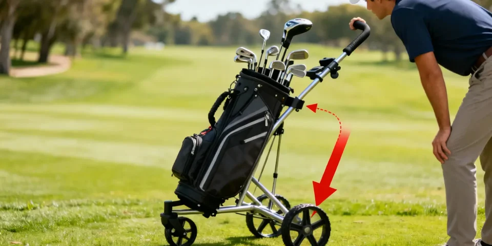 Acheteur inspectant un chariot de golf d’occasion avec flèche rouge, sac et clubs visibles