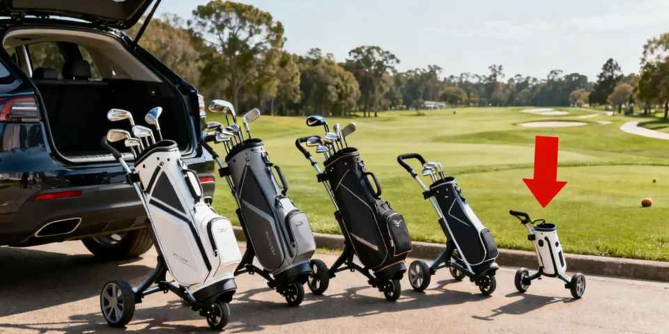 Chariots de golf compacts devant un coffre ouvert, flèche rouge sur le modèle le plus petit