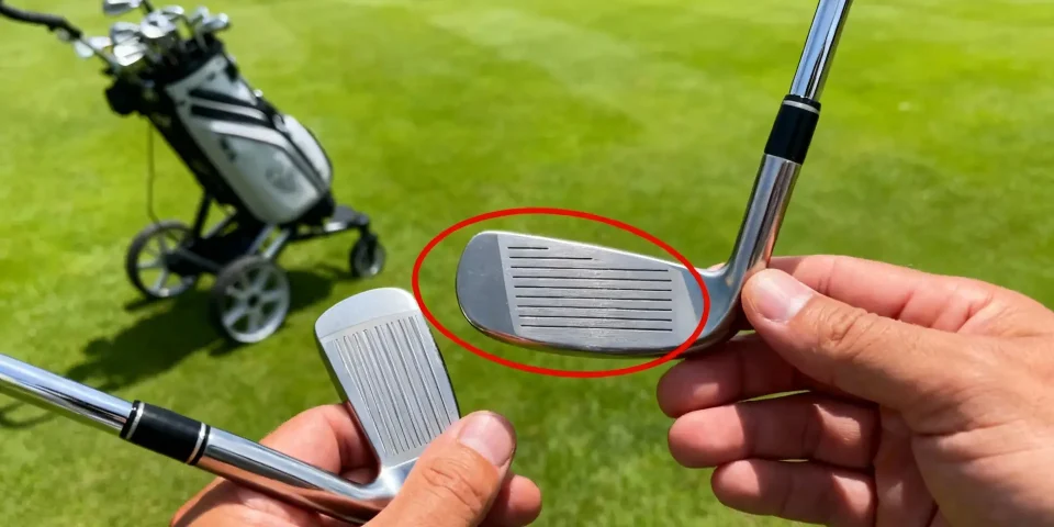 Plusieurs putters élégants sur gazon, putter mis en valeur, chariot de golf en arrière-plan