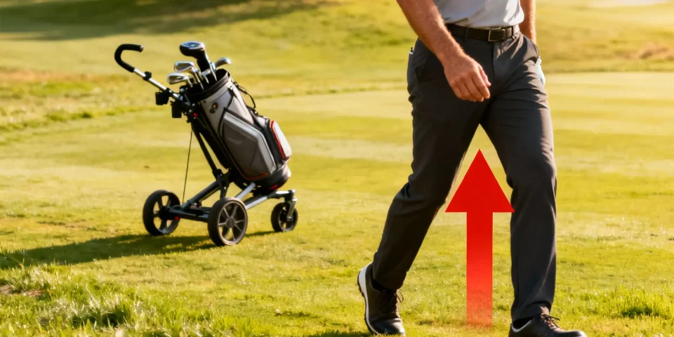 Golfeur souriant, posture saine, chariot de golf avec sac en arrière-plan sur parcours vert