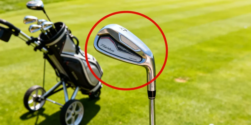 Driver de golf premium mis en avant, chariot de golf en arrière-plan sur parcours lumineux