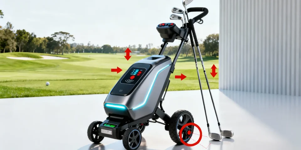 Chariot de golf électrique élégant avec flèches rouges sur points techniques majeurs