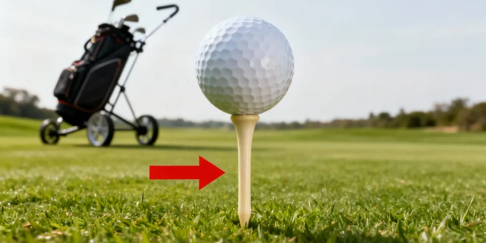 Gros plan sur un tee de golf avec flèche rouge et chariot de golf flou en arrière-plan