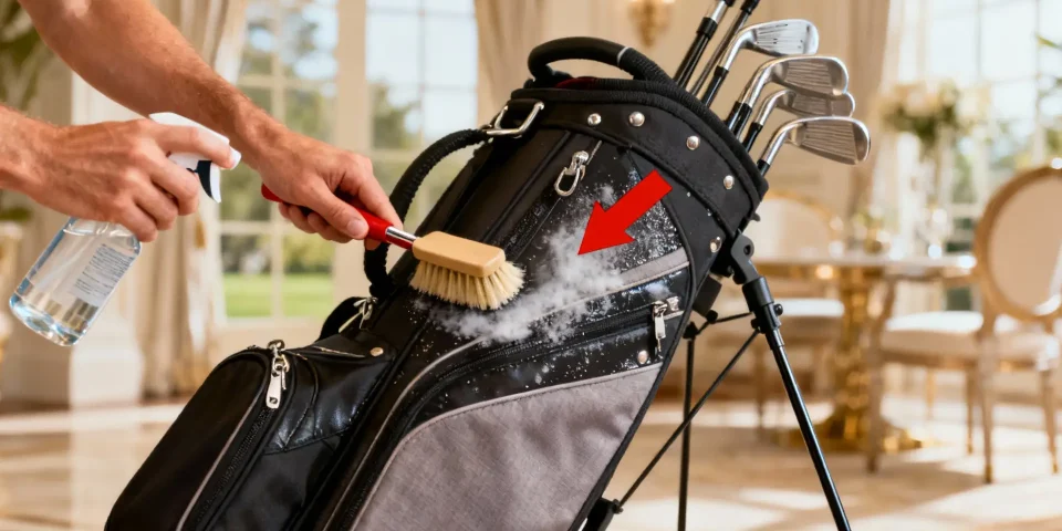 Nettoyage d’un chariot de golf par des mains, flèche rouge sur le geste, ambiance lumineuse