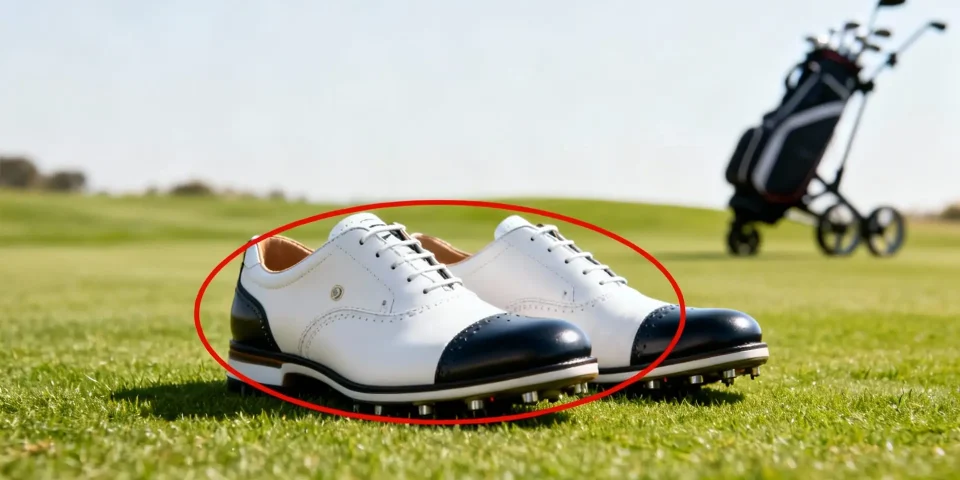 Chaussures de golf réalistes entourées d’un cercle rouge, chariot en arrière-plan flou