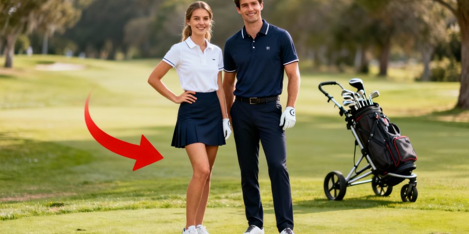 Homme et femme élégants en tenue de golf, chariot en arrière-plan sur un green lumineux