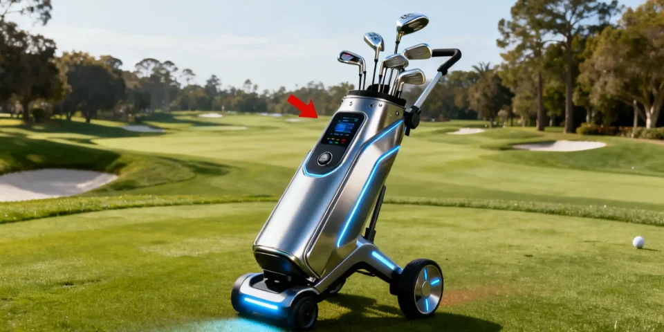 Chariot de golf électrique futuriste mis en avant sur un terrain de golf haut de gamme