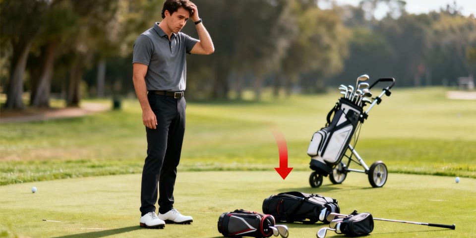 Clubs de golf débutant et accessoires, chariot en arrière-plan, cercle rouge de mise en avant