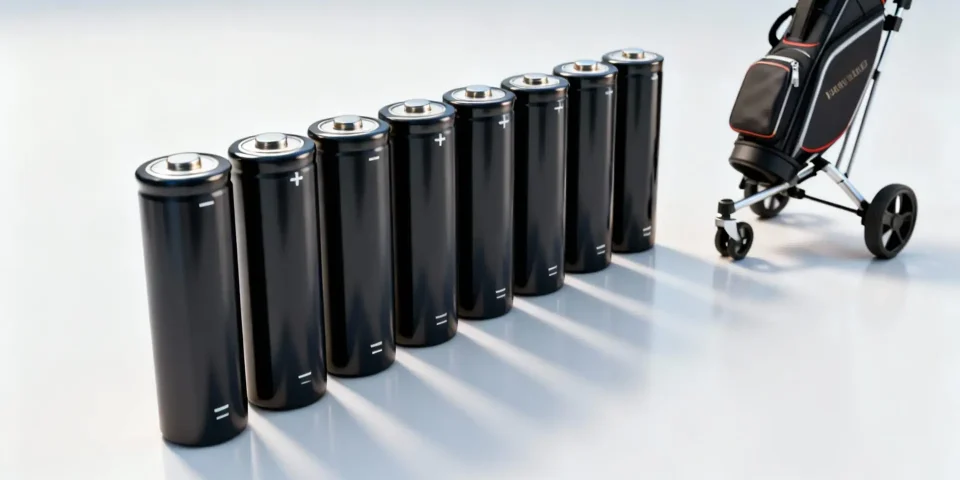 Batteries lithium modernes bien éclairées avec chariot de golf discret à l’arrière-plan