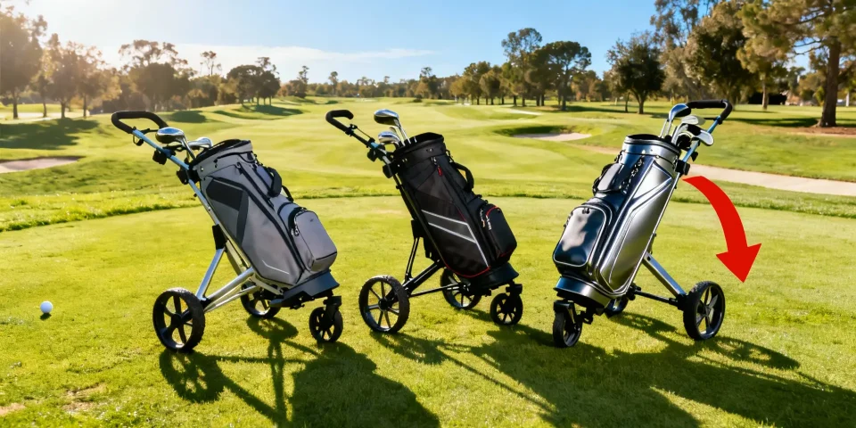 Trois chariots de golf de styles différents sur un parcours, flèche rouge sur le modèle conseillé