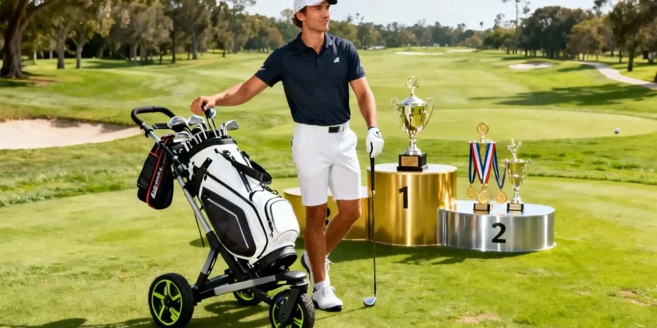 golfeur avec ses trophées fier