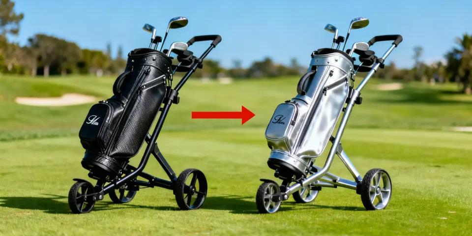 Chariot carbone et aluminium côte à côte sur parcours, flèche rouge sur celui en carbone