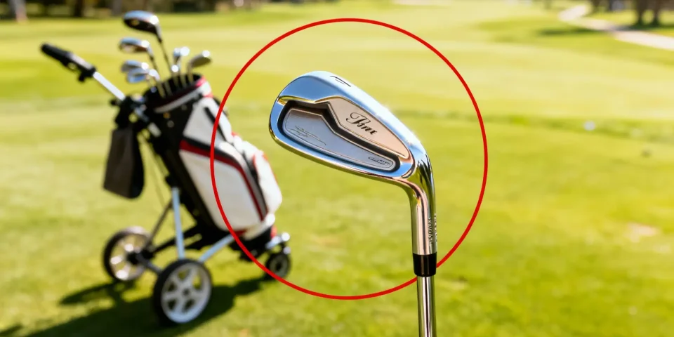 Club de golf haut de gamme en avant-plan, chariot de golf flou à l’arrière sur un green lumineux