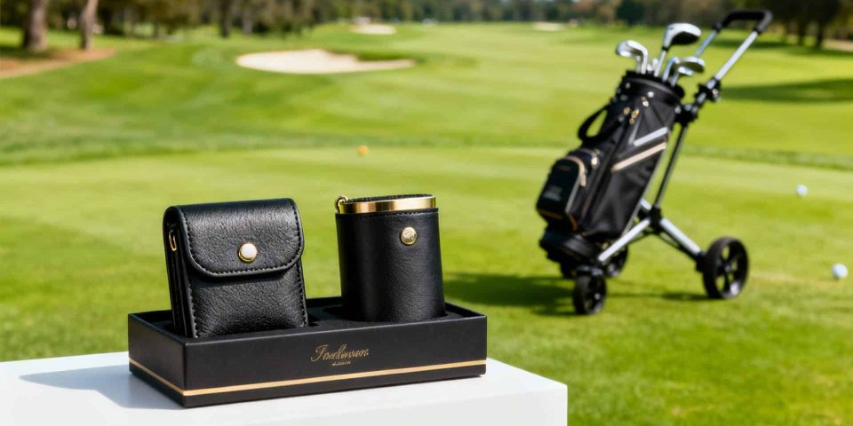 Accessoires élégants et premium pour chariot de golf sur un green avec chariot en arrière-plan