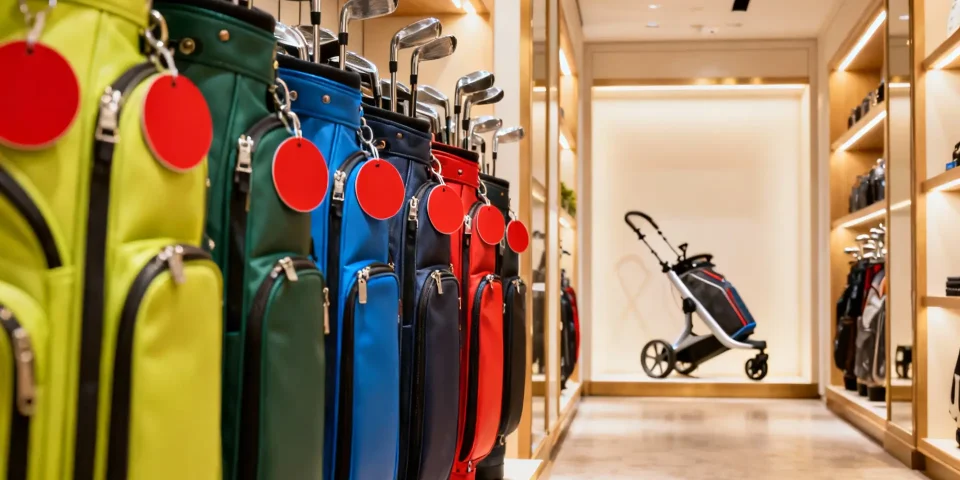 Plusieurs sacs de golf colorés mis en avant avec un chariot de golf en arrière-plan
