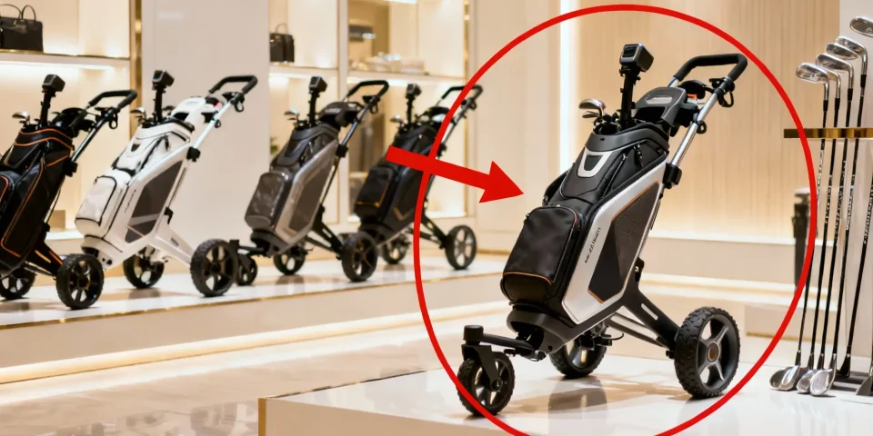Plusieurs chariots de golf innovants alignés, un modèle mis en valeur par flèche et cercle rouge