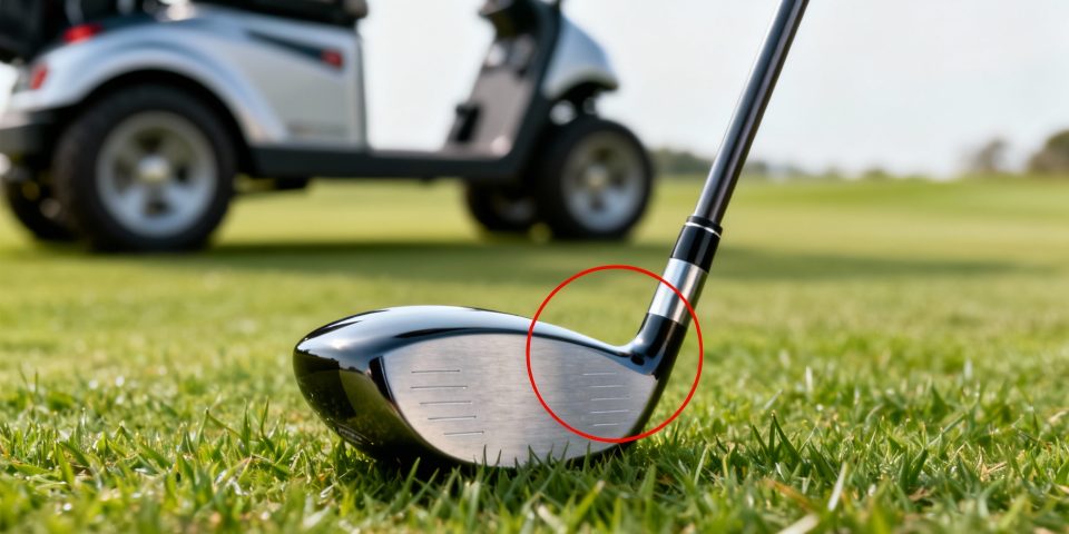 Drivers de golf mis en valeur sur l’herbe avec flèche rouge, chariot de golf en arrière-plan