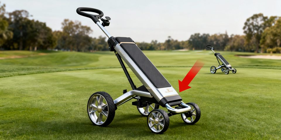 Chariot de golf électrique élégant avec flèche rouge sur détails haut de gamme, golf en fond