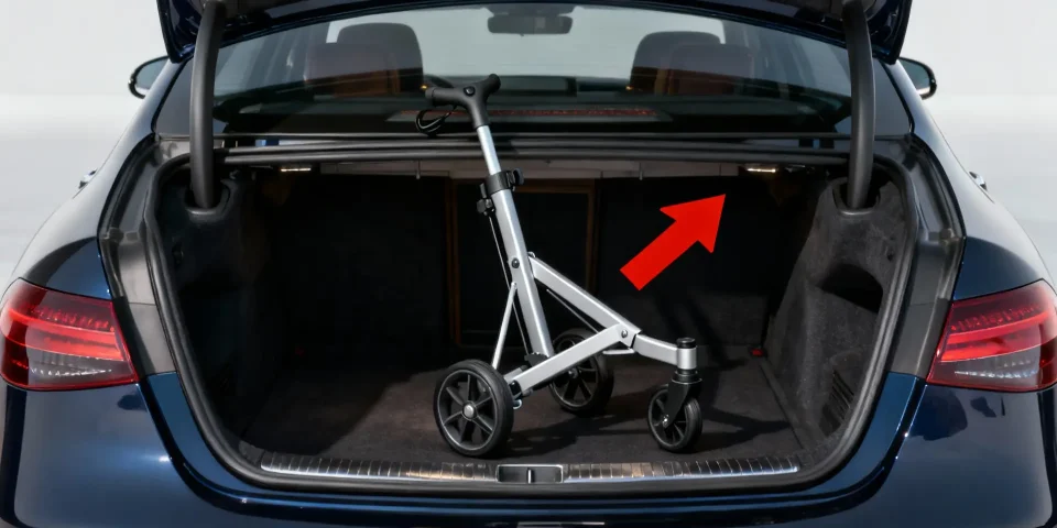 Coffre de voiture ouvert avec chariot de golf compact et flèche rouge, style premium