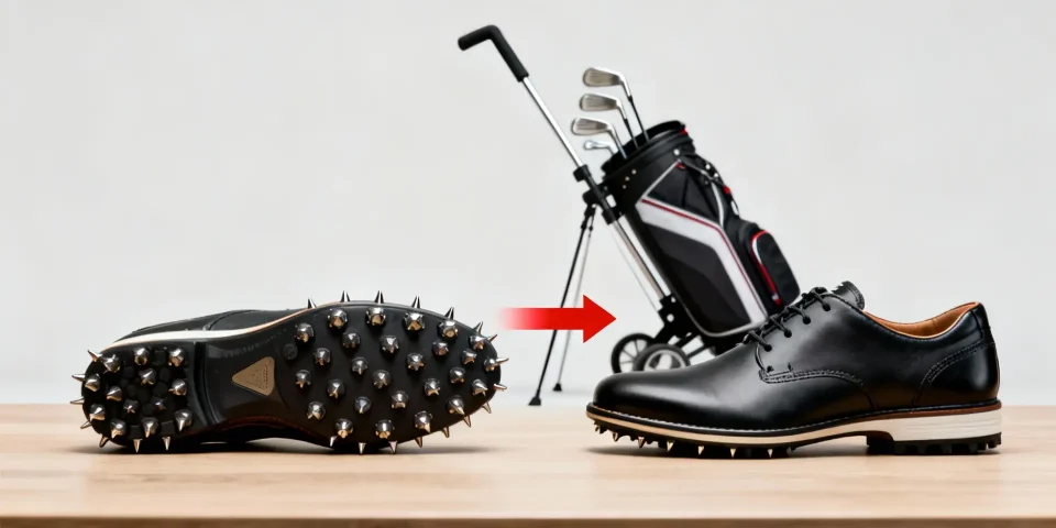 Chaussures de golf avec et sans crampons en avant, chariot de golf discret à l’arrière-plan