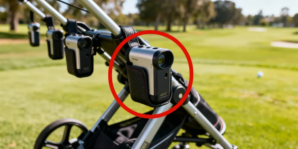 Comparatif réaliste des porte télémètres sur chariots de golf, cercle rouge sur le meilleur