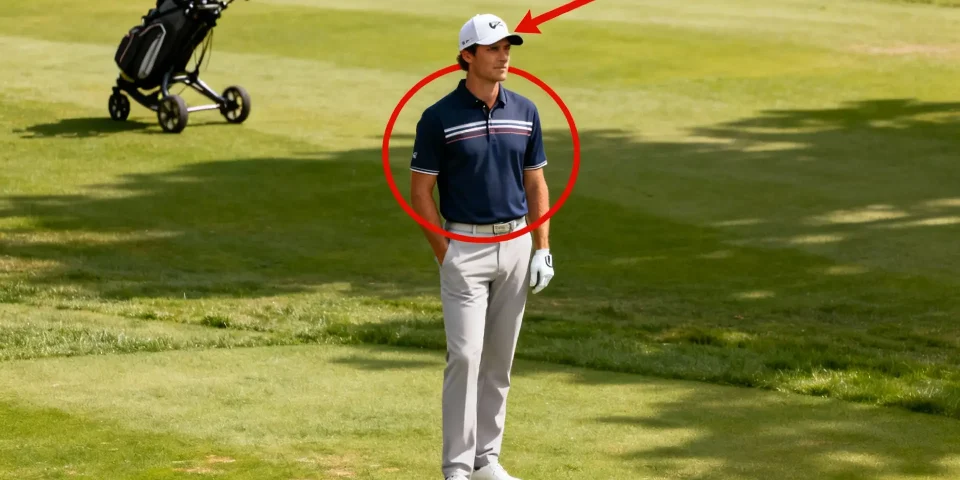 Golfeur élégant en tenue officielle, chariot de golf en arrière-plan, focus sur la tenue