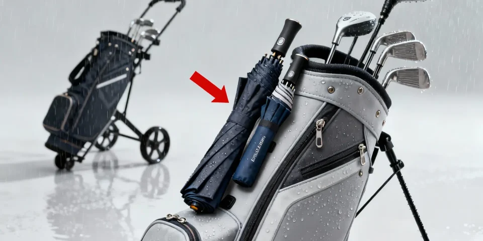 Accessoires anti pluie sur sac de golf, chariot de golf en arrière-plan sous la pluie