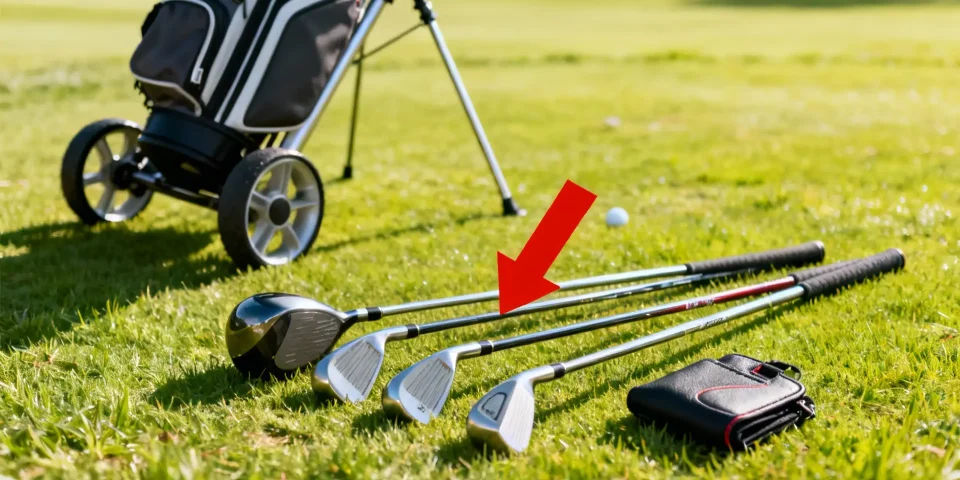 Clubs de golf pour joueur moyen, flèche rouge et chariot de golf moderne en arrière-plan