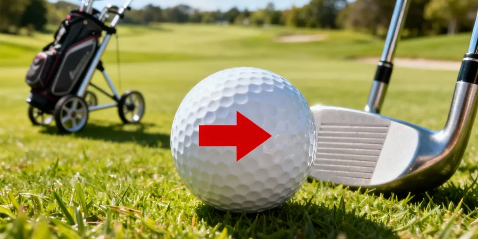 Balle de golf mise en avant avec flèche rouge et chariot de golf en second plan sur le green