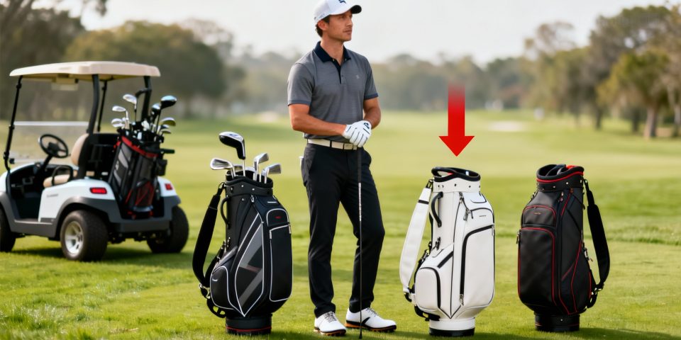 Sac de golf élégant au premier plan, flèche rouge, chariot de golf en arrière-plan sur gazon