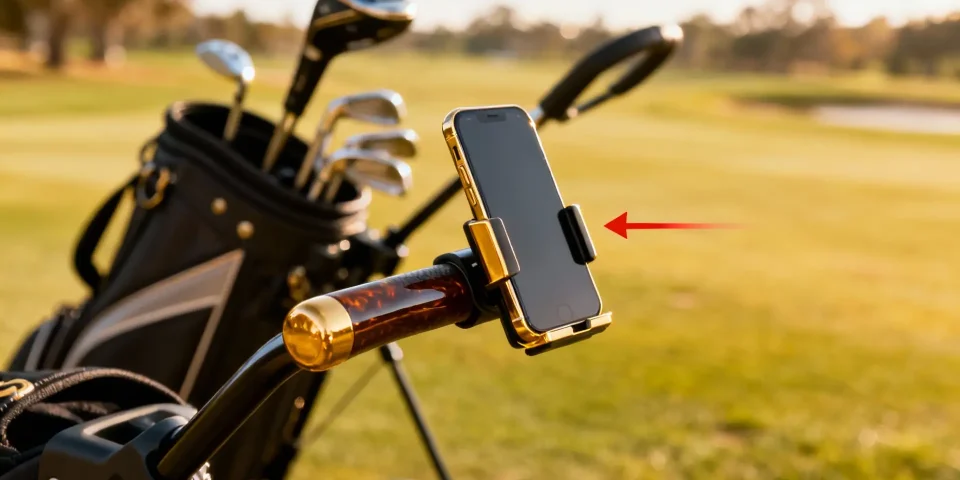Support smartphone élégant en gros plan sur chariot de golf moderne avec flèche rouge