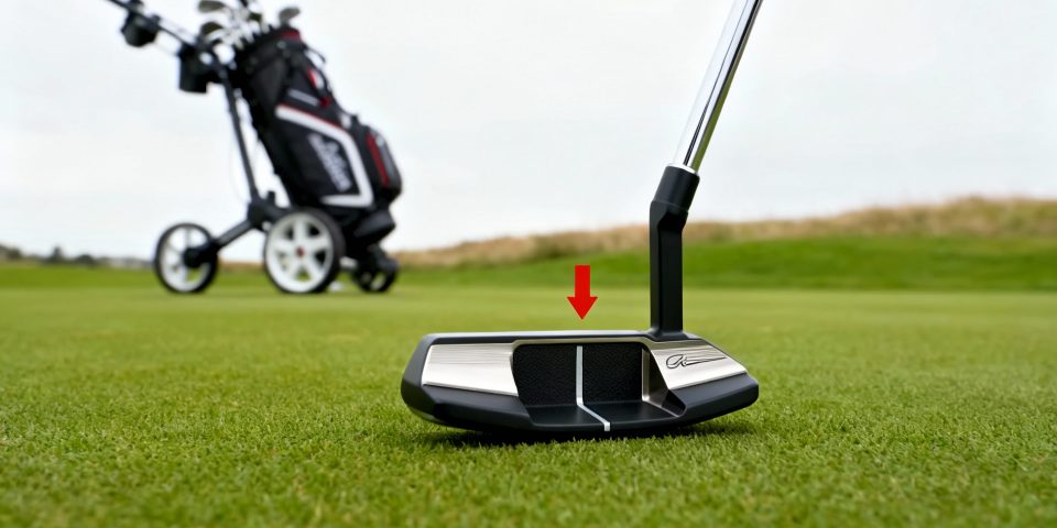 Gros plan sur putters modernes, flèche rouge, chariot de golf discret en arrière-plan