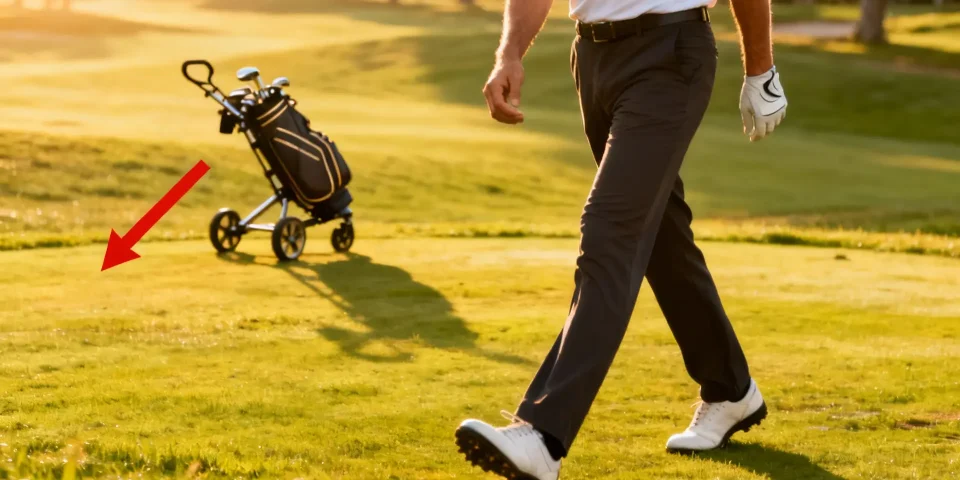 Golfeur énergique avançant sur parcours, chariot de golf discret et flèche rouge visible