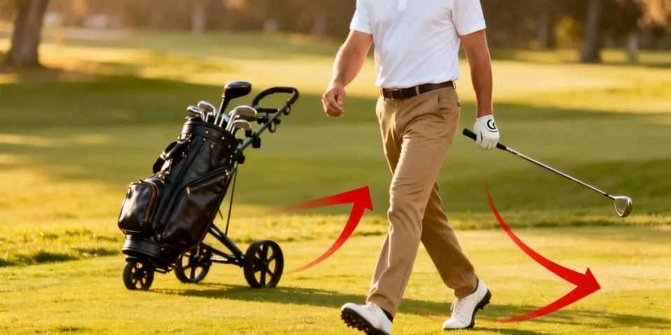 Golfeur marchant avec confiance, chariot de golf en arrière-plan et flèches rouges attrayantes