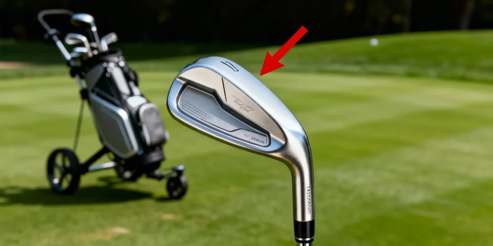 Gros plan driver de golf brillant avec flèche rouge, chariot de golf en arrière-plan