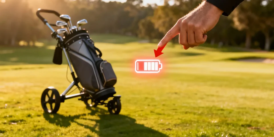 Main indiquant une batterie lumineuse avec chariot de golf élégant et parcours en fond