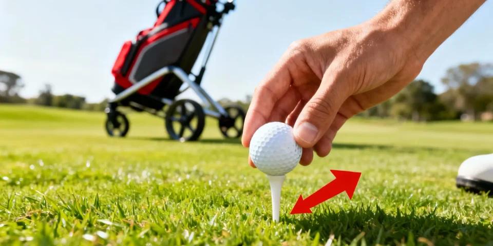 Main posant une balle sur un tee, flèche rouge, chariot de golf flou en arrière-plan