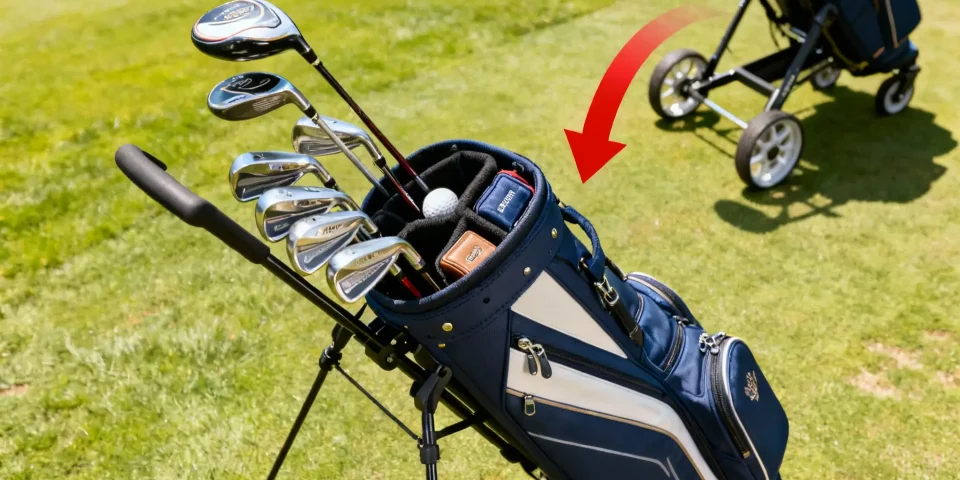Sac de golf bien organisé sur chariot, clubs rangés, flèche rouge montrant l’astuce