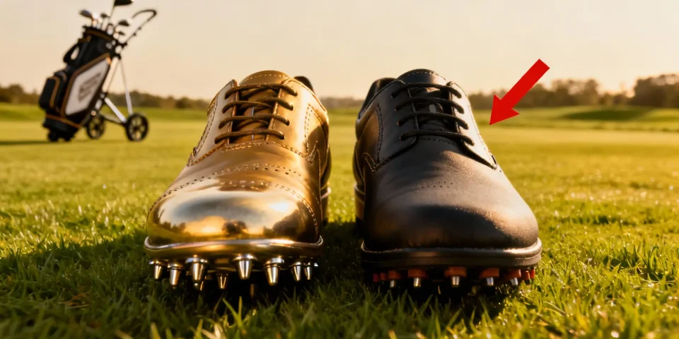 Deux chaussures de golf, l’une à crampons, l’autre lisse, golf trolley flou à l’arrière-plan