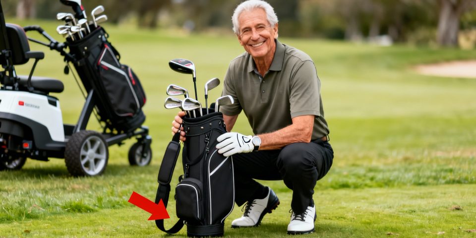 Clubs de golf confort pour seniors, poignée mise en avant, chariot flou en fond